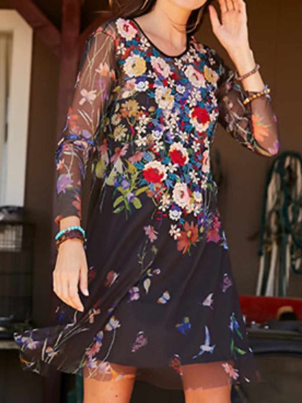 Johnny Was Biya Mesh Overlay Dress Floral Embroidered Long Sleeve Mini Small